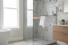 Załaduj obraz do przeglądarki galerii, imozaiki.pl white matte glass mosaic tiles with various grey patterns, including floral and geometric designs.