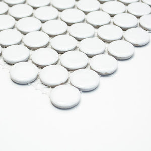 Mozaika ceramiczna, penny, guzik, kółka, biała, połysk