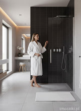 Załaduj obraz do przeglądarki galerii, imozaiki.pl black glossy ceramic mosaic tiles with a horizontal rectangular shape and white grout.
