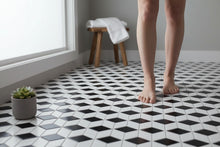 Załaduj obraz do przeglądarki galerii, imozaiki.pl black and white glossy ceramic mosaic tiles with a 3D cube illusion design.
