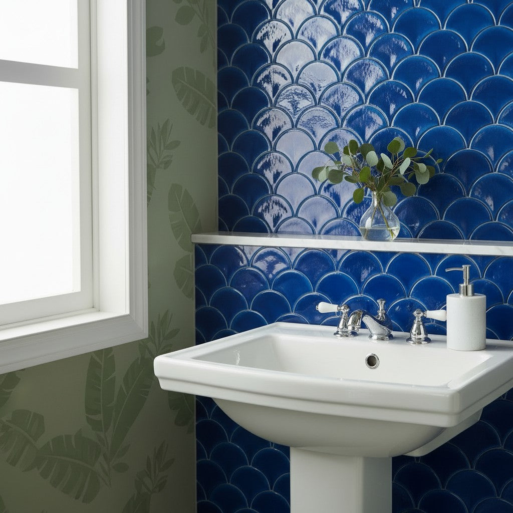 Aranżacja Mozaika ceramiczna niebieska rybia łuska MOZ 7513 VP