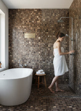 Załaduj obraz do przeglądarki galerii, imozaiki.pl polished brown marble mosaic tiles with mixed beige and white veining. Square stone tiles.
