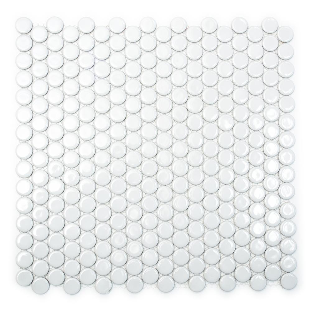 Mozaika ceramiczna, penny, guzik, kółka, biała, połysk