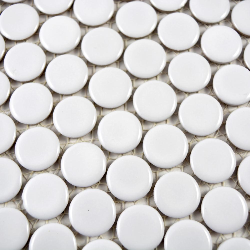 Aranżacja Mozaika ceramiczna, penny, guzik, kółka, biała, połysk